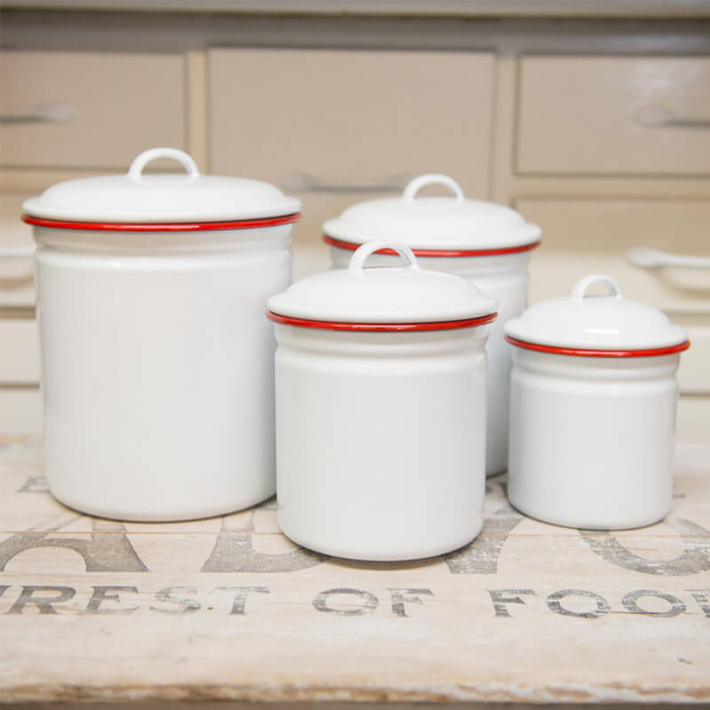 6 Vintage White & Red Trim Porcelain Enamel Cookware Pots Pans